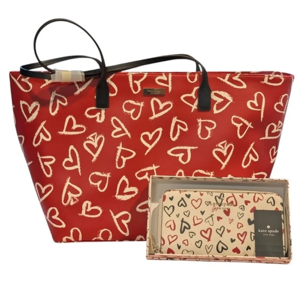 Kate Spade ♠️ Margareta Lipstick Hearts Tote & Scribble Staci Continental Wallet